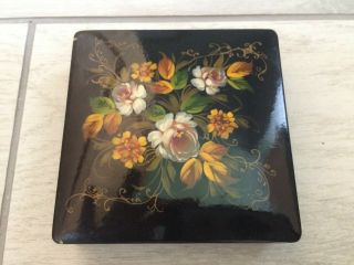 Vintage Antique Black Floral Lacquered Trinket Box With Red Lining Hinged