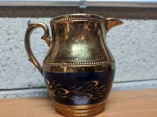 Vintage Antique Hand Painted Pitcher Blue And Gold England E600