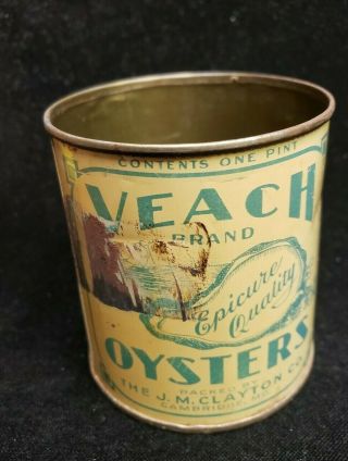 Vintage Veach Brand Oysters Tin Can Cambridge Md One Pint Antique Rare