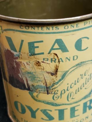 Vintage Veach Brand Oysters Tin Can Cambridge MD One Pint Antique RARE 2
