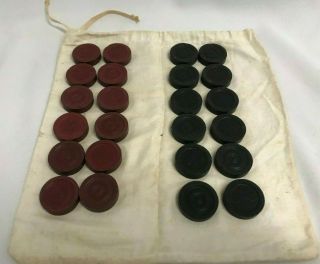 Vtg Set 24 Early Black & Red Checkers Clay Composite Material Game Piece Antique 2