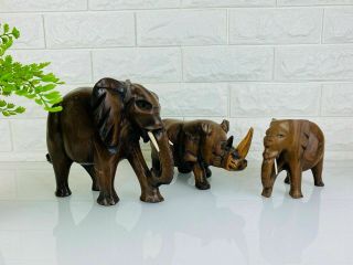Vintage Carved Wooden Animals,  Elephant,  Rhino,  Kitsch Retro