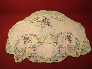 Antique Vintage Art Deco Pillow Case & Doilies Set Hand Embroidered Bonnet Lady