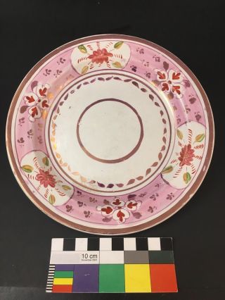 Antique Ca.  1835 Staffordshire Pink Luster Plate Pearlware Pottery Red Flowers