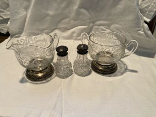 Antique Floral Glass Sugar And Creamer Set Sterling Silver Bases