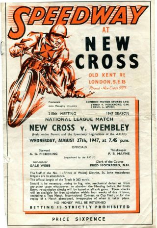 Cross Speedway Programme August 27th 1947 - Main 15 Heats Filled In - Rare