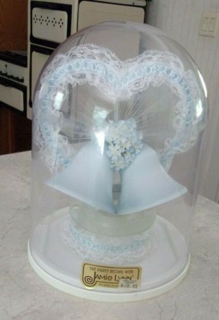 Vtg Jamie Lynn Satin Lace 2 Blue Bells Wedding Cake Topper W/ Display Dome Mcm