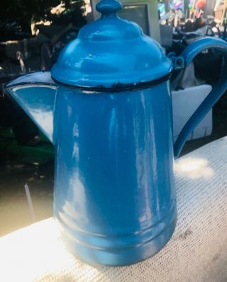 Antique Blue White Swirl Agate Enamelware Coffee Pot Granite Ware