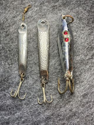 3 Metal Jig Fishing Lures Hopkins 3 1/2,  Hopkins 3 " And 1 Unknown Vintage