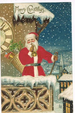Antique Embossed Christmas Postcard Santa,  Pink Silk Suit,  Playing Bugle,  Cane
