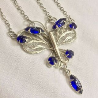 Vintage Silver Tone Filigree Butterfly Necklace With Sapphire Glass Stones