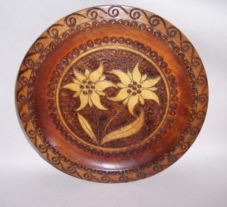 Vintage Swiss Wooden Poker Work Decorative Wood Plate Edelweiss Flower Carving