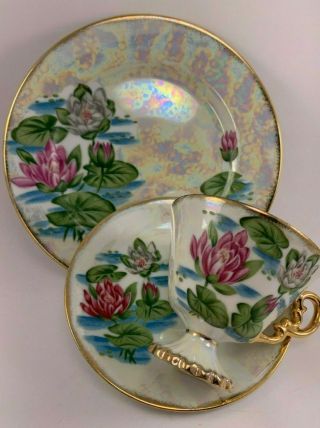 Vtg.  Trio Set Of Norleans Japan Water Lily Footed Teacup Saucer Plates