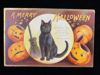 Vintage Antique 1900s Clapsaddle Halloween Postcard Black Cat Jack O Lanterns