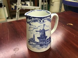 Antique Blue & White Country Stoneware Pottery Pitcher With Windmill