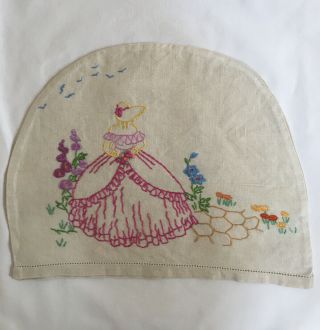 Vintage Irish Linen Hand Embroidered Tea Cosy Cover Crinoline Lady & Sundial