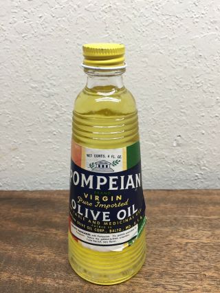 Vintage Full 4oz.  Bottle Of Pompeian Imported Virgin Olive Oil Rare Estate Find