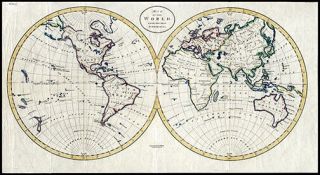 1798 Baker Hand - Colored Engraved Map Of The World Eastern & Western Hemispheres