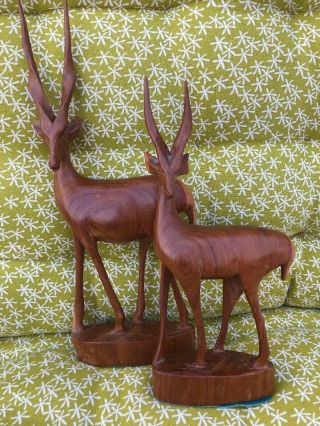 2 X Vintage Wooden Gazelle Deer Antelope Hand Carved Made In Kenya