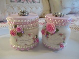 Shabby Chic Vintage Milk Glass Jars - Set Of Two - Pink