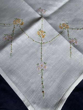 Pretty Vintage Floral Hand Embroidered White Irish Linen Small Square Tablecloth