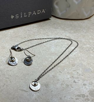 Silpada Mother Of Pearl 2 Tone Earrings & Necklace Set Sterling Silver Rare Htf