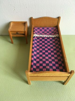 Vintage Lundby Dollhouse Wooden Twin Bed And Side Table 1971 Vgc