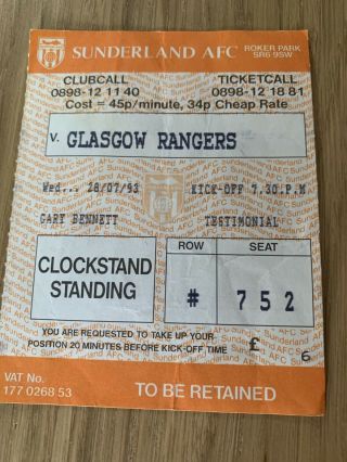 Rare Rangers V Sunderland Gary Bennett Testimonial Ticket Stub 28.  07.  1993