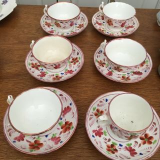 6 Antique 1830s Pink Luster Lustre Tea Cups & Saucers W.  Wishbone Handles