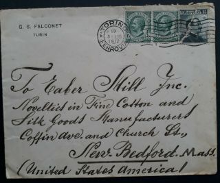Rare 1912 Italy Cover Ties 3 Stamps Cancelled Torino To Usa