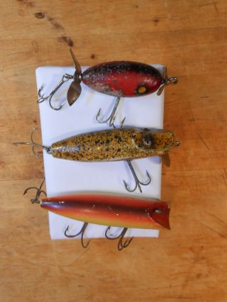 3 Old Wood Fishing Lures Paw Paw.  Small Double Spinner.  3 1/2 In.  3 Hook Bait
