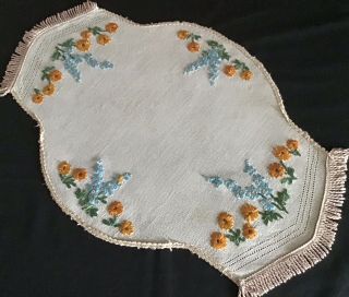 Pretty Vintage Linen Hand Embroidered Table Centre Piece Florals & Fringe
