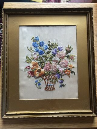 Vintage Antique Silk Embroidery Picture Flowers In Basket Framed Gold