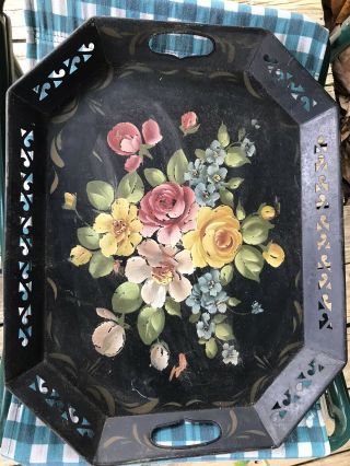 Vtg.  Black Metal Toleware Hand Painted Large Tole Serving Tray Floral Design
