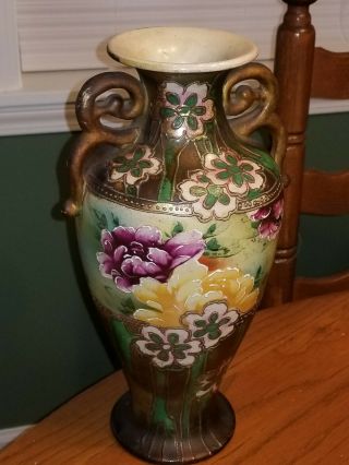 Antique Japanese Moriage Satsuma Detail Hand Painted Vase 13” No Damage