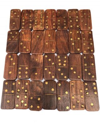 Antique Vintage Wood Wooden Dominoes With Brass Inlay 28 Domino Game Games Set