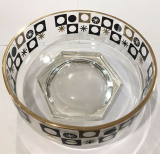 Vtg Mid Century Mod Atomic Starburst Gold Rim Black Squares Glass Bowl 9” Rare