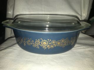 Rare Vtg 1965 Promotional Pyrex Blue Golden Bouquet 1.  5 Qt Dish W/lid.