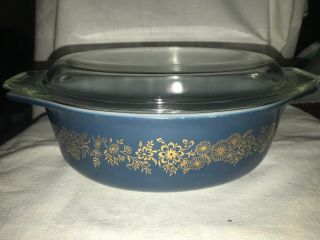 RARE VTG 1965 Promotional PYREX Blue GOLDEN BOUQUET 1.  5 Qt Dish w/lid. 3