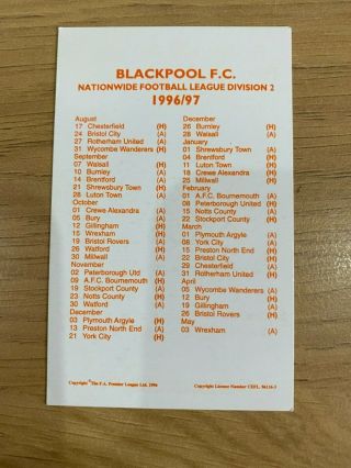 Old Blackpool Fixture List Card.  1996 - 1997.  Fc Football Club.  Small & Rare