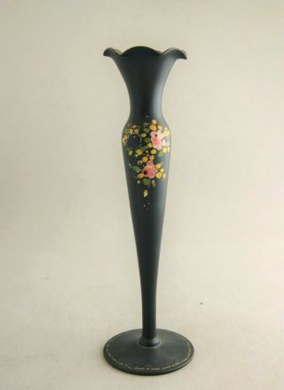 Antique Black Art Glass Bud Vase With Hand Painted Flowers