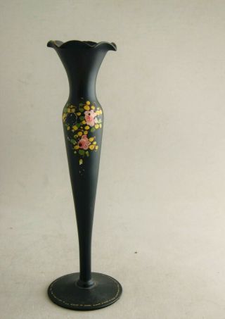 Antique Black Art Glass Bud Vase with Hand painted Flowers 2