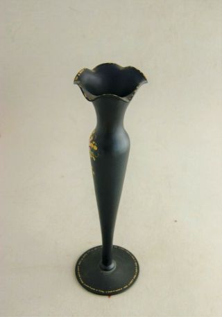 Antique Black Art Glass Bud Vase with Hand painted Flowers 3