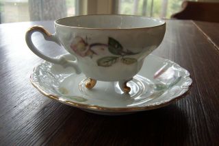 Vintage Ucagco China Demitasse Three Footed Cup And Saucer Roses,  Gold Trim