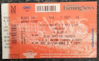 Rare Blur Ticket - Complete Guest List Ticket Stub,  Manchester Arena 2009.