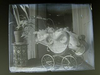 Antique Glass Plate Photograph Negative - Victorian Wicker Baby Carriage & Baby
