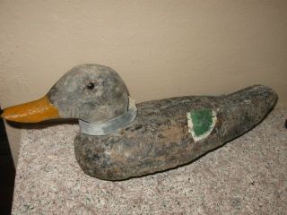 Antique Vintage Cork Duck Decoy Wood Carved Head W/ Glass Eyes - Lead Weight