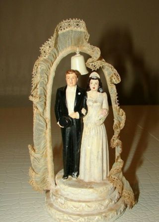 Vintage Ceramic 1930 Brown Hair Bride Groom Bell Wedding Cake Topper 1318