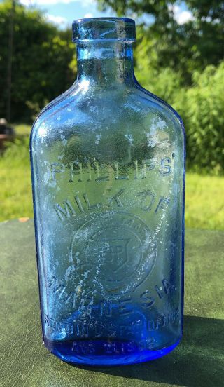 Vintage Antique Phillips Milk Of Magnesia Cobalt Blue 7” Glass Bottle Early 1900