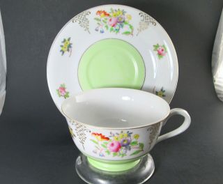 Vintage 40s Merit Occupied Japan Cup And Saucer Set - Green And White Floral